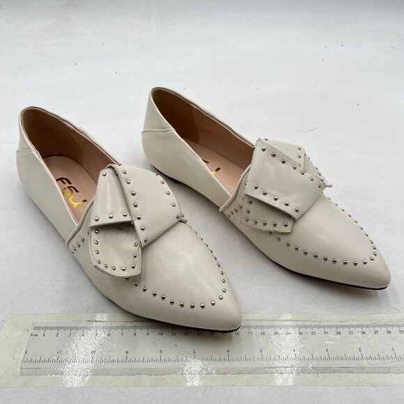 FSJ White Point Toe Studs Loafer Flats Slip On Pumps Bowknot Comfort Casual Shoe - Picture 4 of 8